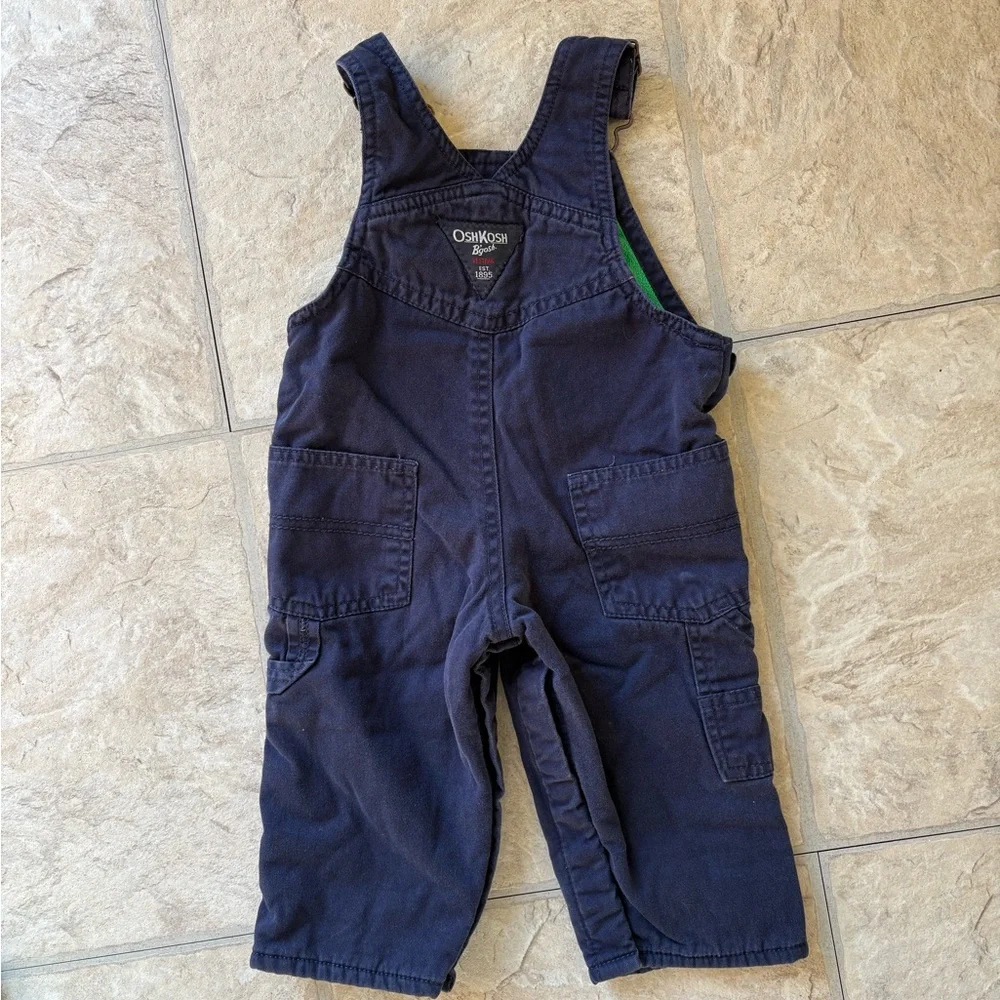 OshKosh B'gosh Navy Blue Kids Overalls Green Fleece Lined Size 9 Month